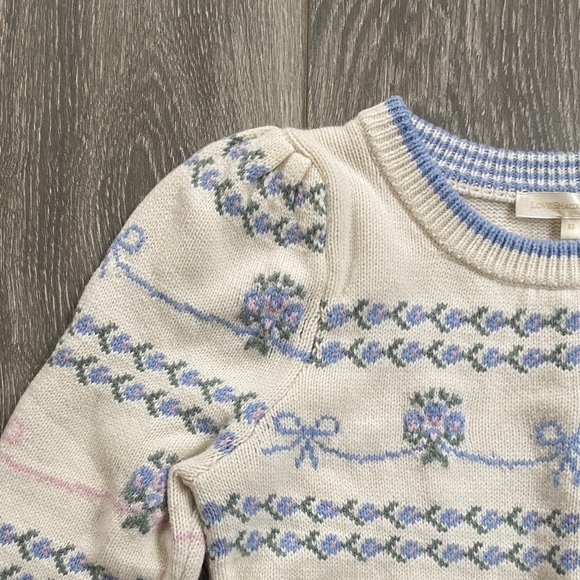 LoveShackFancy - Cream Sweater w/ Blue Floral & Bow Embroidered Detail - Size XS - Picture 4 of 8